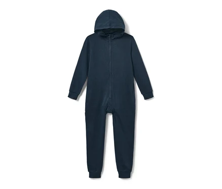 Combinaison d’intérieur pour enfant bleu marine avec capuche et fermeture éclair.