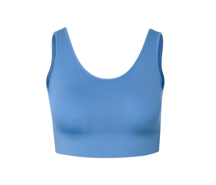 Vue détaillée d'une brassière de sport Seamless bleue.