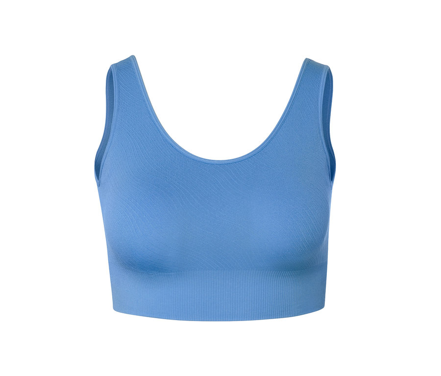 Vue détaillée d'une brassière de sport Seamless bleue.