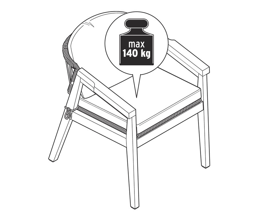 Dessin d'un fauteuil de salon avec dossier arrondi et tressage textile, capacité de charge maximale de 140 kg.
