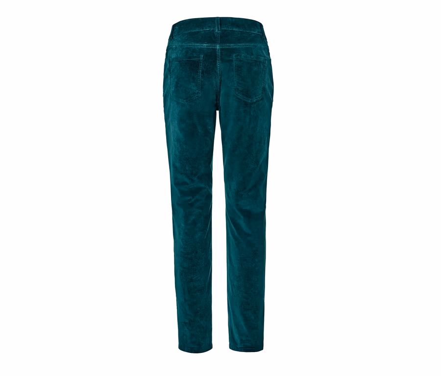 Vue détaillée de l'arrière d'un pantalon en velours pétrole.
