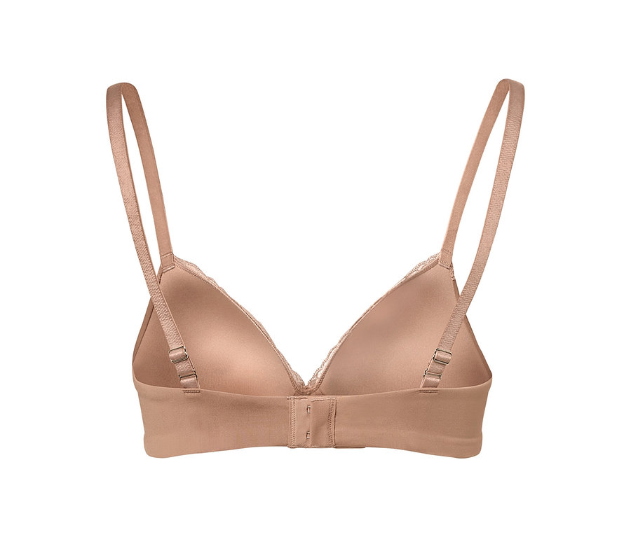 Vue détaillée de l'arrière d'un soutien-gorge beige à coques souples avec bretelles réglables et fermeture à agrafes.
