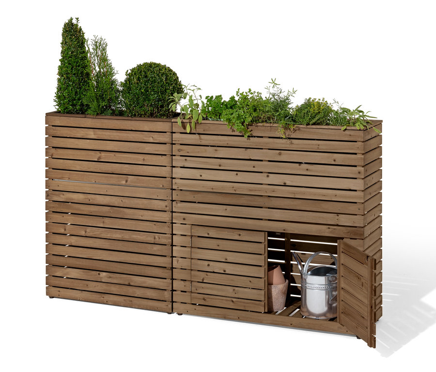 Séparateur de jardinière « Tinus » avec armoire de rangement, plantes et arrosoir.