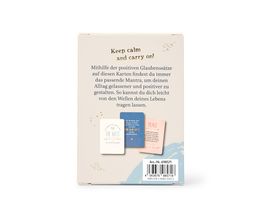 Set de cartes de sérénité « Laisse-toi porter par les vagues » avec l'inscription Keep calm and carry on ! Des mantras positifs sur les cartes.