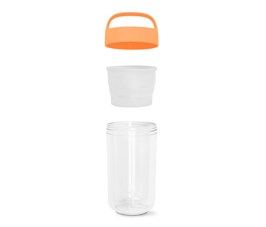 Un récipient pour produits à emporter avec poignée, grand, démonté, avec un couvercle orange, un intérieur blanc et un extérieur transparent.