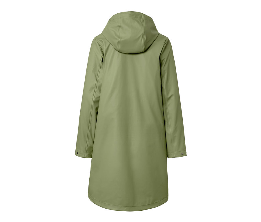 Vue arrière d'une parka de pluie verte « ciré » avec capuche.