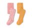 Deux collants thermiques pour tout-petit, un rose avec des gouttes blanches, un jaune.