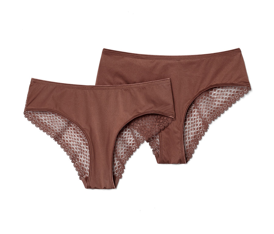 Deux slips brésiliens marron avec de la dentelle.