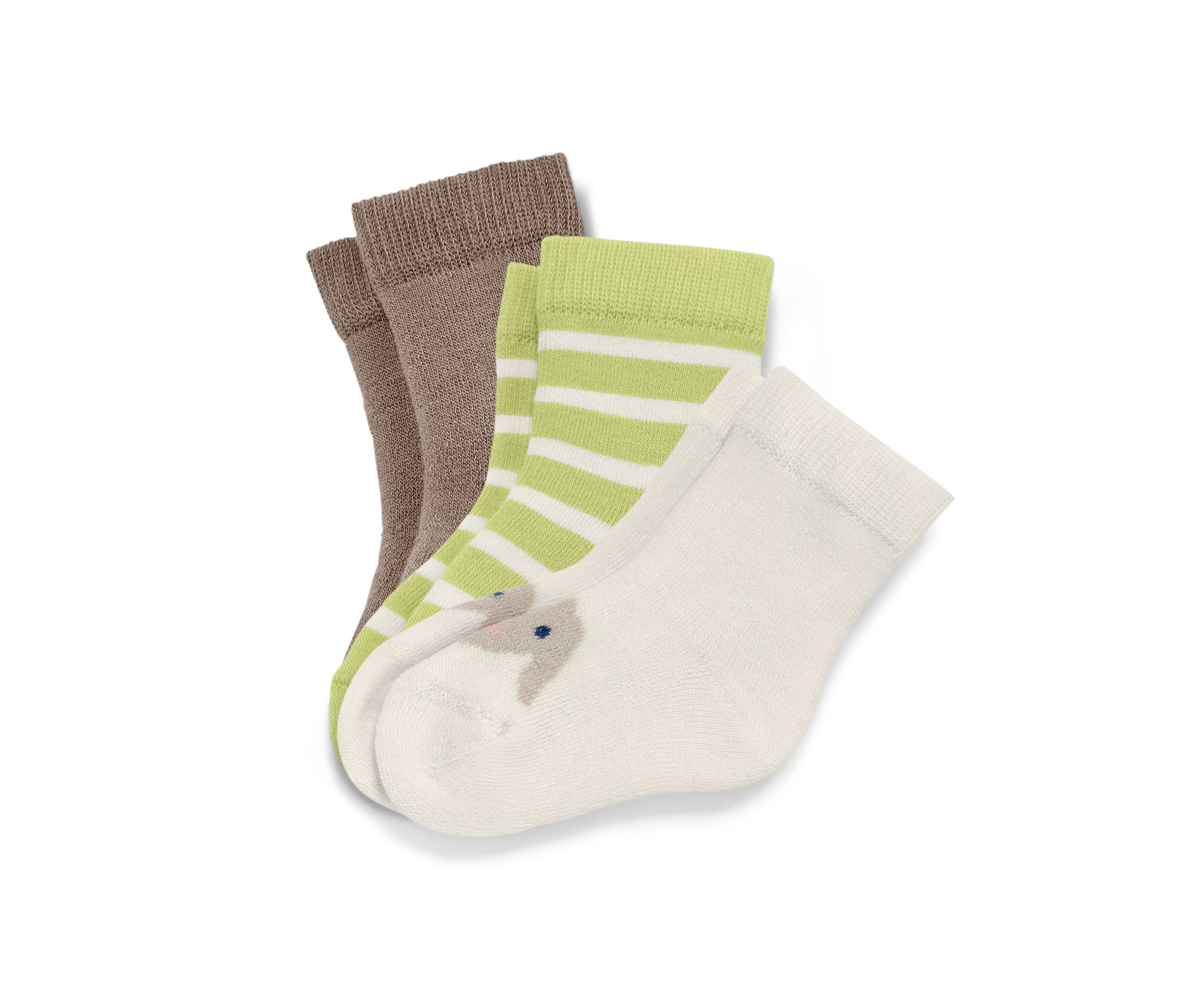Trois paires de chaussettes pour bébé : marron, vert et blanc à rayures et crème avec un lapin.
