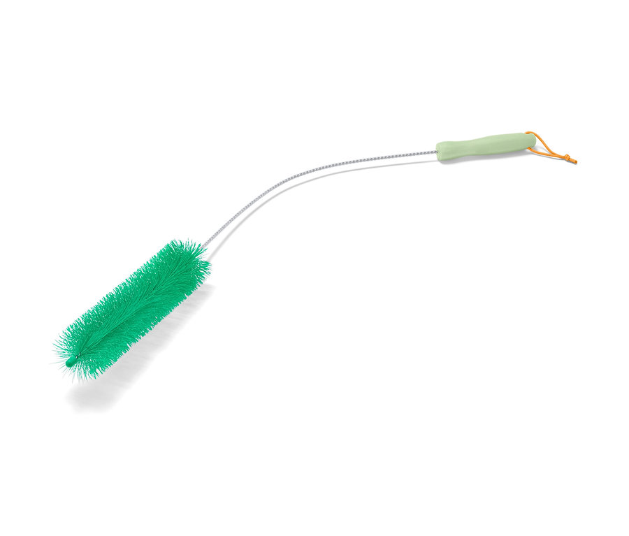 Brosse pour radiateurs avec des poils verts et un manche vert clair.
