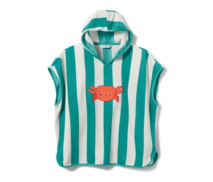 Poncho rayé en tissu éponge pour bébé et enfant avec capuche et application de crabe.