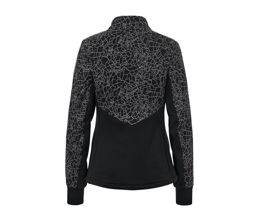 Une veste thermique noire avec un motif géométrique blanc.