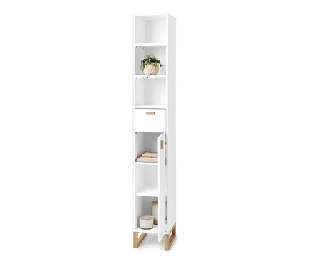 Armoire de salle de bain haute et étroite, blanche, avec espace ouvert, plante, tiroir et porte ouverte.
