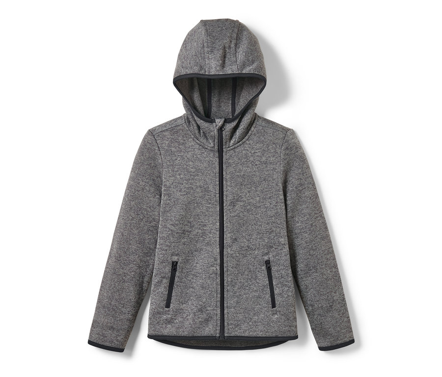 Jaquette en polaire tricotée enfant grise avec fermeture éclair et capuche.