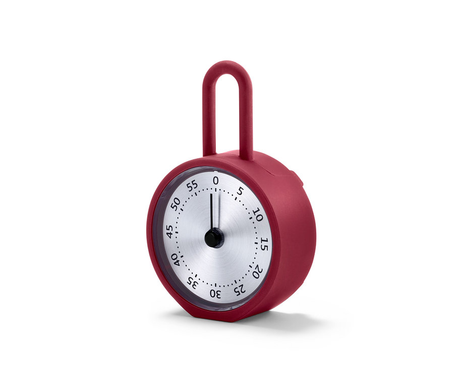 Minuterie rouge avec cadran rotatif et affichage des minutes.