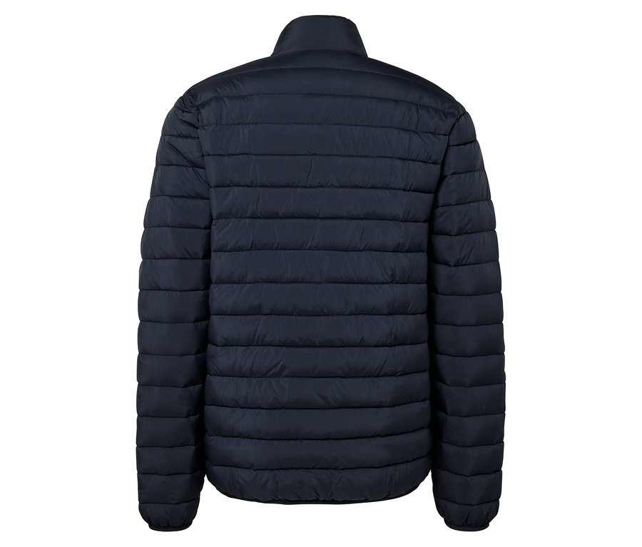 Vue arrière d'une veste matelassée bleu foncé.