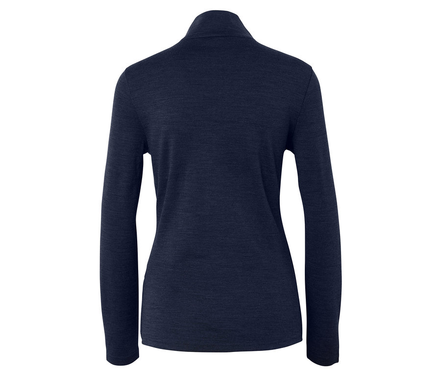 Vue arrière d'un t-shirt à manches longues et col roulé bleu foncé.