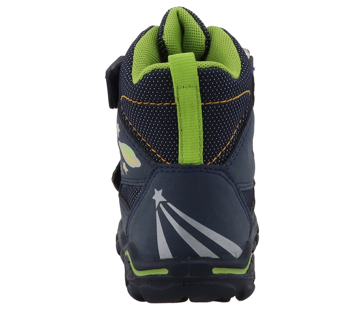 Détail de l'arrière d'une chaussure bleu marine LURCHI « Kojo-TEX » avec des accents vert lime.