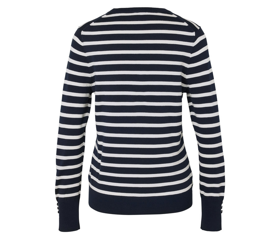 Vue arrière d'un pull à manches longues rayé bleu marine et blanc.