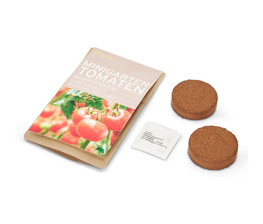 Mini-jardin dans un sachet en papier avec des tomates, deux comprimés bruns et un sachet de graines.