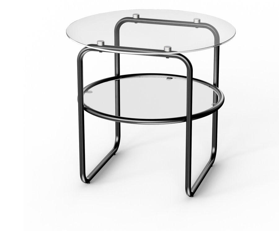 Table basse en verre avec cadre en métal noir et deux plateaux ronds.