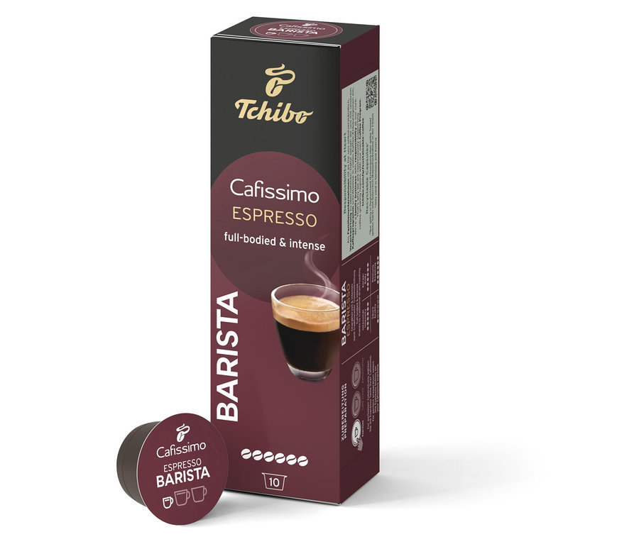 Un paquet de 10 capsules Cafissimo Barista Espresso et une capsule individuelle à côté du paquet.