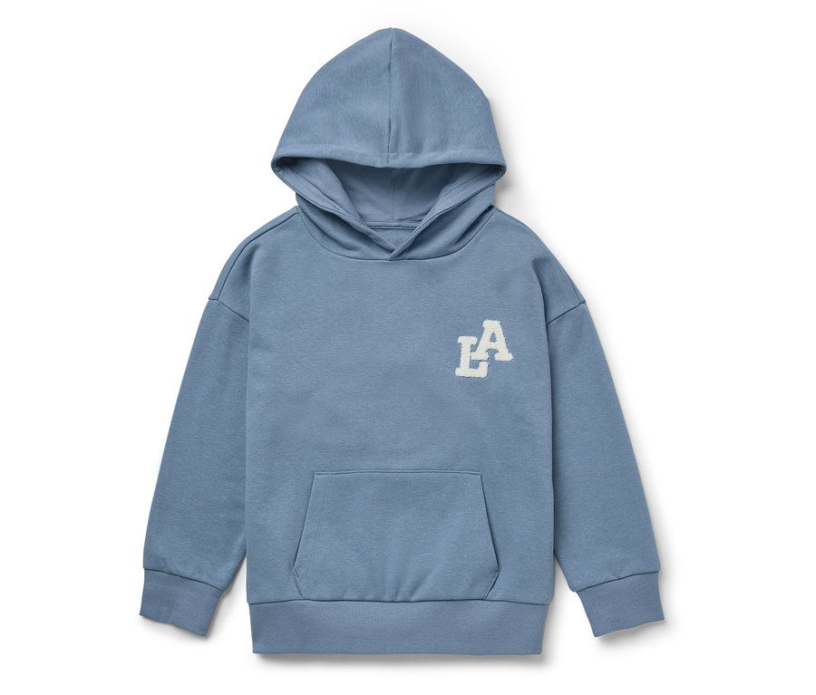 Sweat à capuche bleu avec un logo LA blanc sur la poitrine.