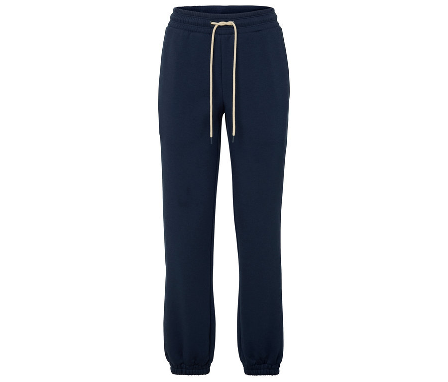 Pantalon de jogging bleu marine avec cordons clairs.