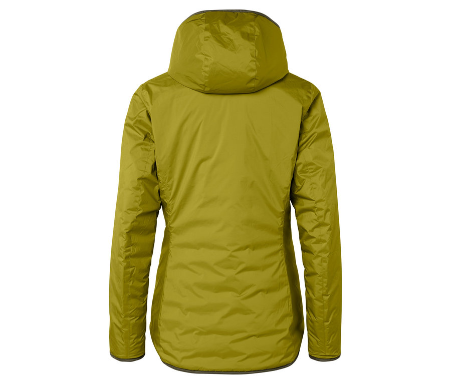 Vue arrière d'une veste olive avec capuche.