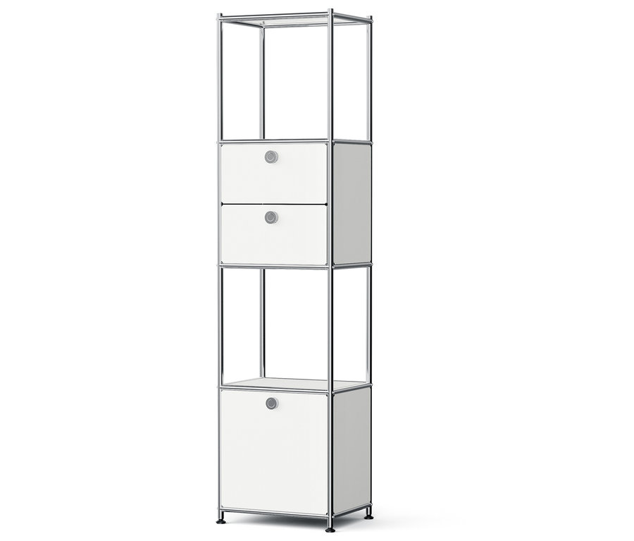 Étagère de rangement blanche avec deux tiroirs et une étagère ouverte.