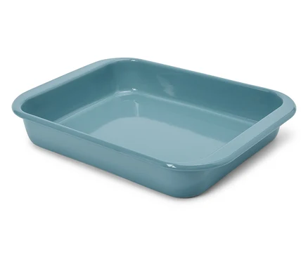 Un plat à rôtir rectangulaire bleu clair.
