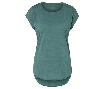 T-shirt de sport turquoise à manches courtes et ourlet arrondi.