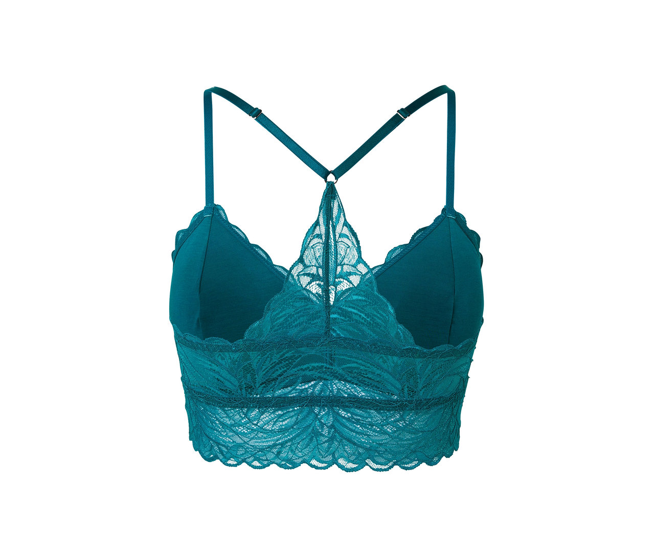 Gros plan d'une brassière en dentelle turquoise.