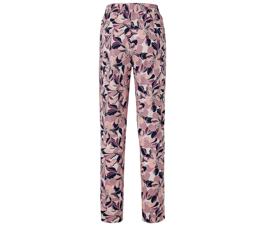 Vue arrière d'un pantalon à motif floral dans des tons de rose, violet et bleu marine.