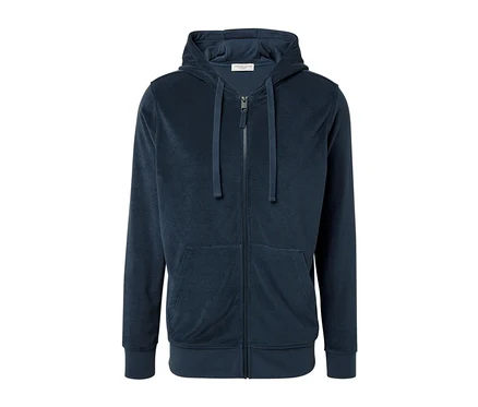 Sweat-shirt à capuche bleu en tissu éponge avec fermeture éclair au centre.