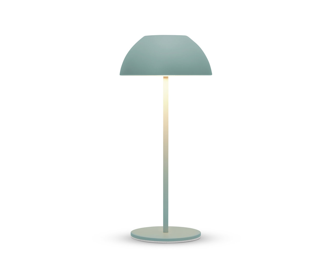 Lampe bleu clair avec abat-jour arrondi sur fond blanc.