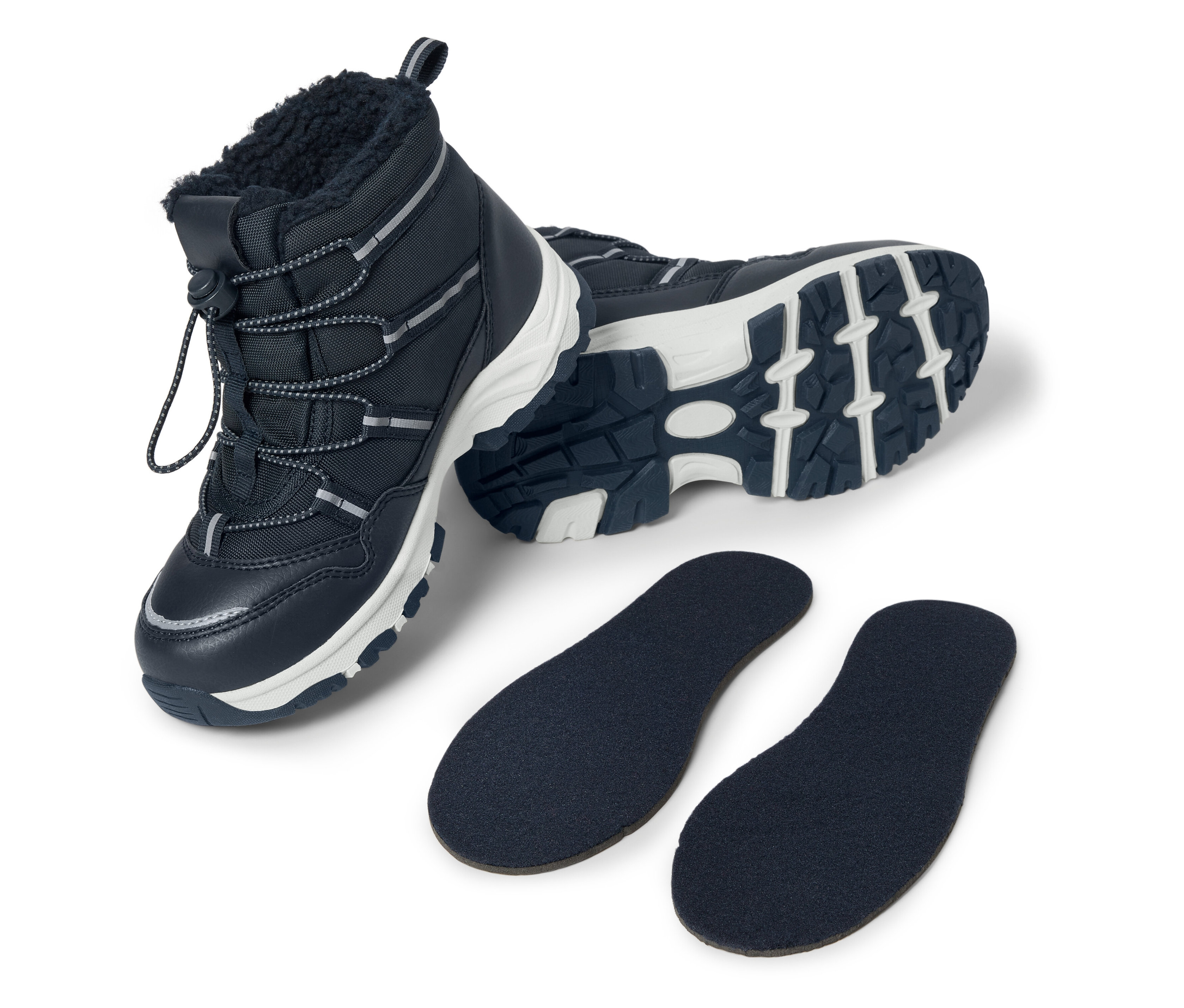 Bottes d'hiver bleu marine avec semelle blanche et deux semelles intérieures bleu marine.