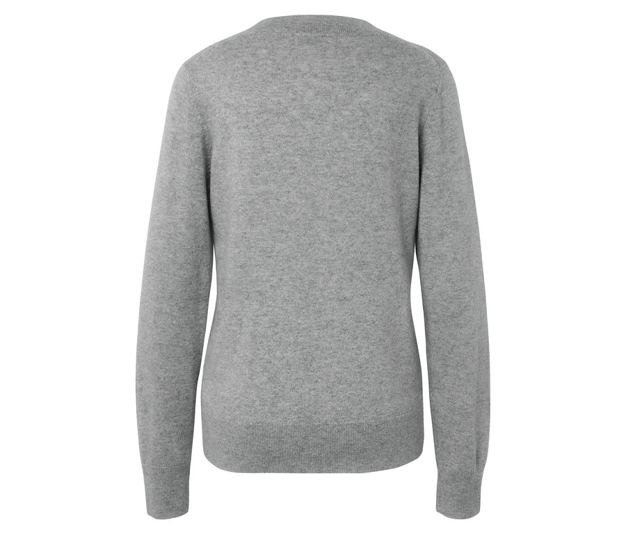 Vue arrière d'un pull en cachemire gris clair à manches longues.
