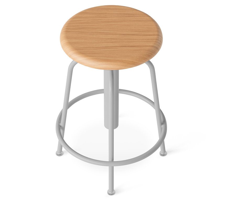 Image d'un tabouret de bar marron clair avec un cadre gris sur un fond blanc.