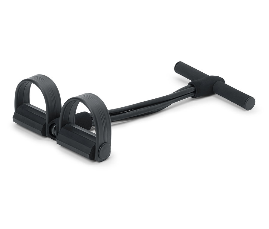 Élastique de musculation noir avec poignée et deux supports pour les pieds.