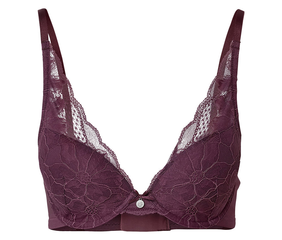 Soutien-gorge violet en dentelle à armatures et bretelles réglables.