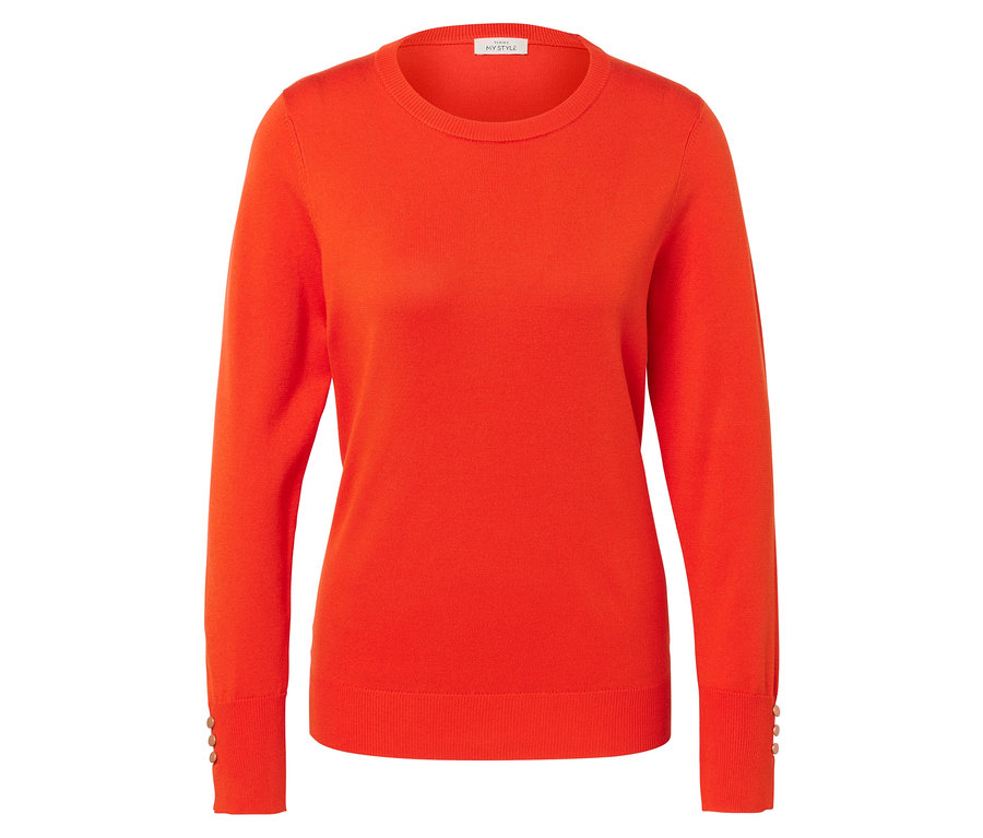 Pull en maille orange à manches longues avec boutons aux poignets.