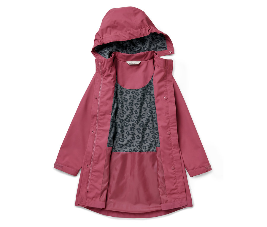 Parka de pluie ouverte pour enfants avec capuche et doublure grise à motif léopard.