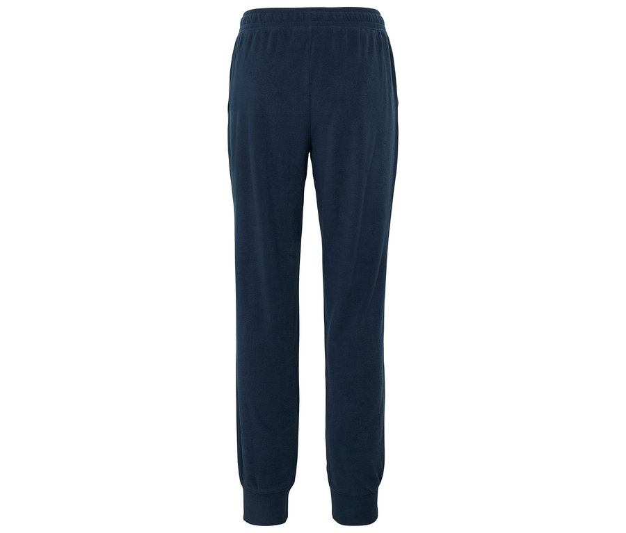 Pantalon de survêtement bleu marine avec taille élastique et chevilles resserrées.