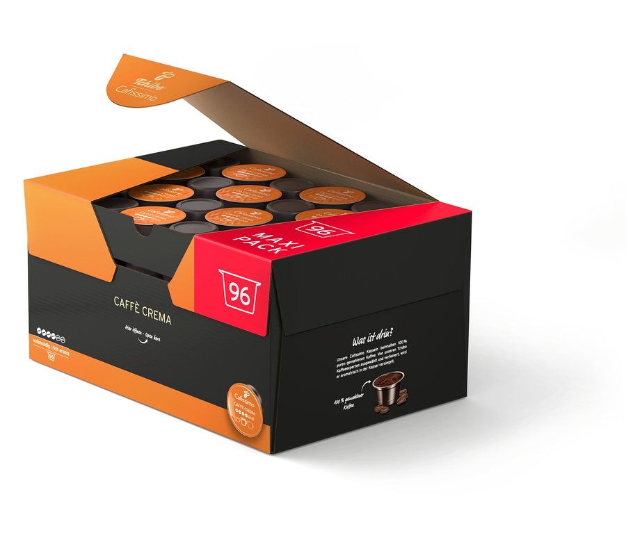 Paquet ouvert de 96 capsules de Cafissimo Caffè Crema.