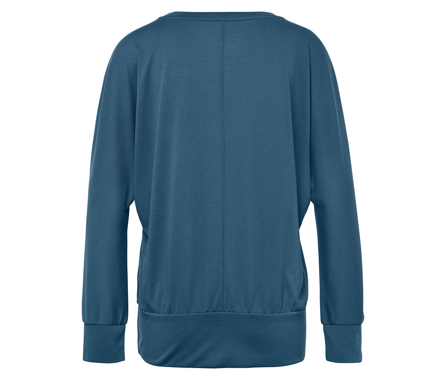 Haut bleu à manches longues pour femme, vu de dos.