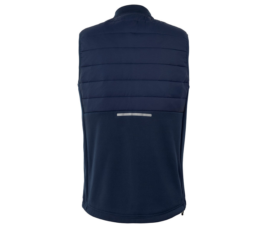Vue arrière d'un gilet matelassé bleu marine avec une bande réfléchissante.