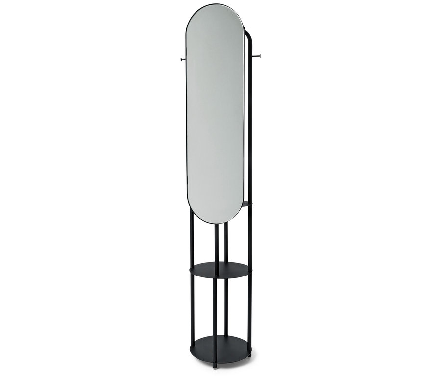 Miroir noir de forme ovale avec deux étagères.