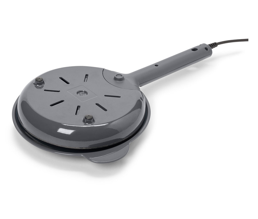 Crêpière électrique grise avec revêtement antiadhésif et câble.