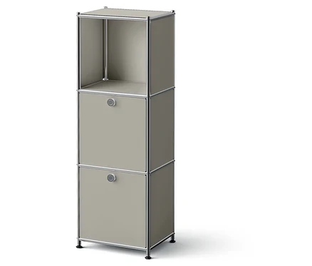 Étagère modulable beige avec deux tiroirs et une étagère ouverte sur le dessus.
